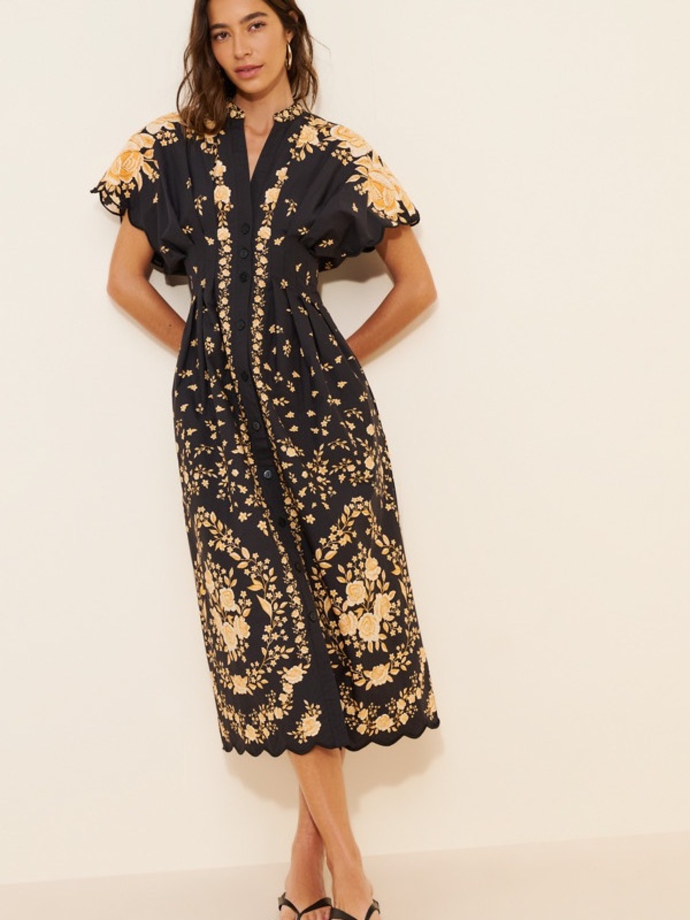FARM Rio Black Midi Dress with Yellow Floral Embroidery